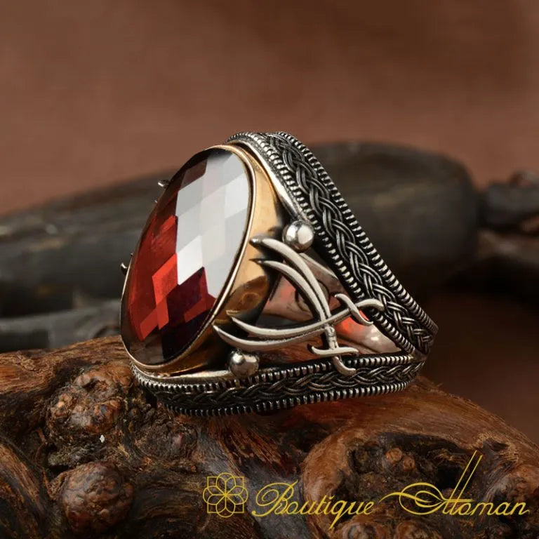 Red Zircon Stone Silver Ring with Double Swords Figure