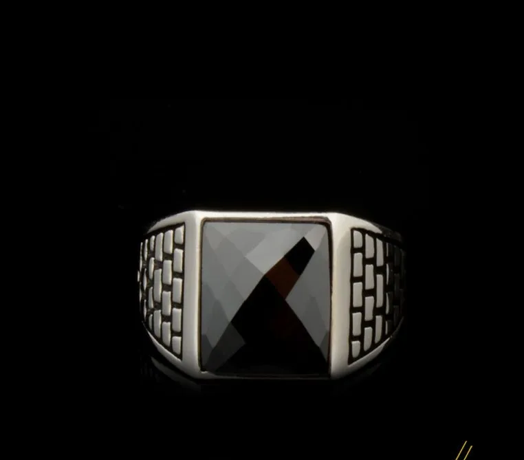 Square Faceted Cut Black Zircon Classic Silver Men Ring