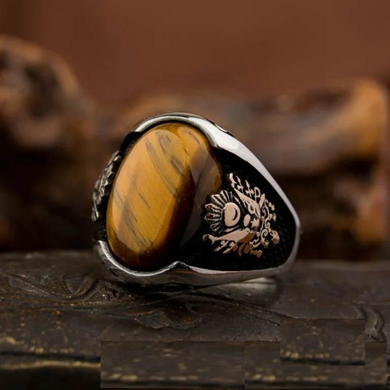 Classy Gentle Tiger’s Eye Men Ring With Coat of Arms