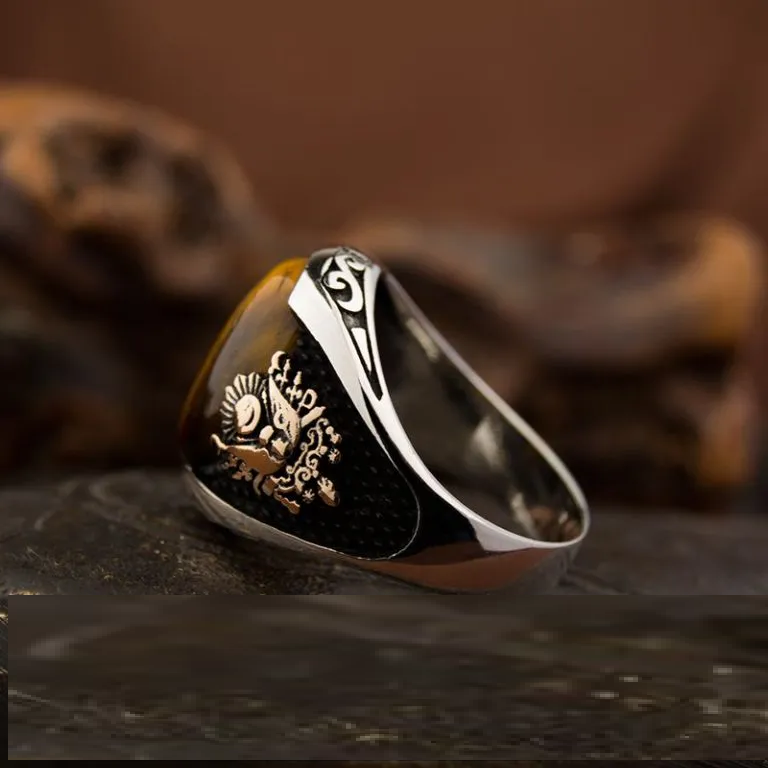 Classy Gentle Tiger’s Eye Men Ring With Coat of Arms