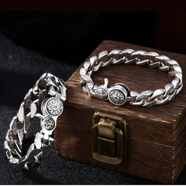 Sterling Silver Rotatable Buddhist Mantra Vajra Curb Chain Bracelet