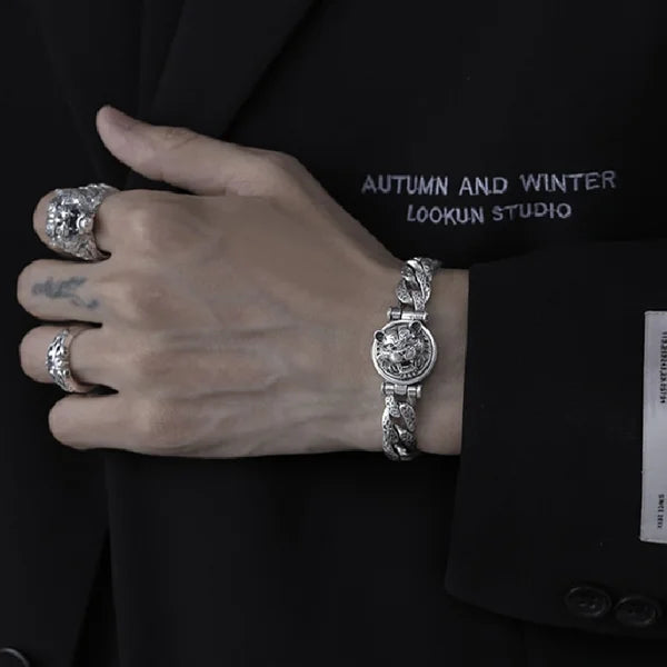 Sterling Silver Rotatable Tiger Head Curb Chain Bracelet