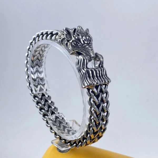 Sterling Silver Bully Dragon Head Dragon Bone Double Row Chain Bracelet