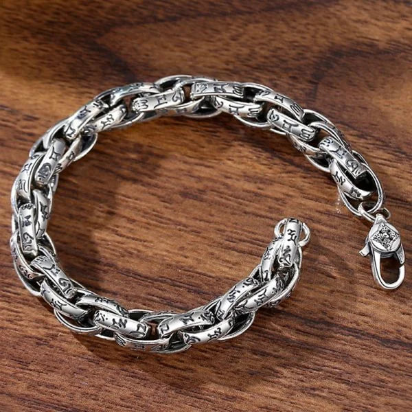 Sterling Silver Buddhist Mantra Vajra Pestle Byzantine Chain Bracelet