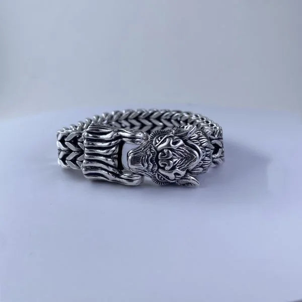 Sterling Silver Bully Dragon Head Dragon Bone Double Row Chain Bracelet