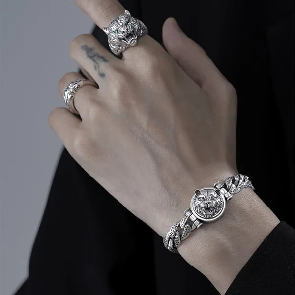 Sterling Silver Rotatable Tiger Head Curb Chain Bracelet