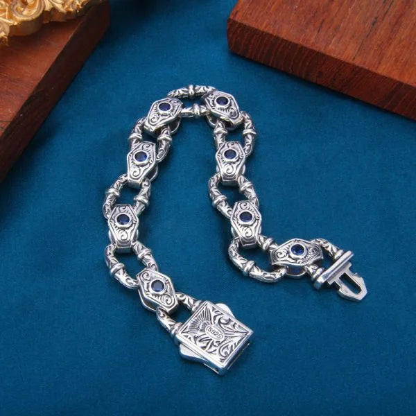 Sterling Silver Tang Grass Pattern Zircon Bracelet