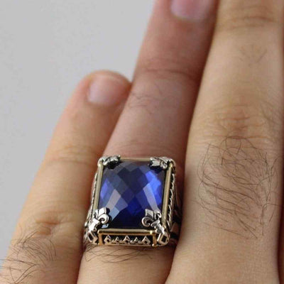 aid Faceted Sapphire Stone Luxury 925 Sterling Silver Mens Ring