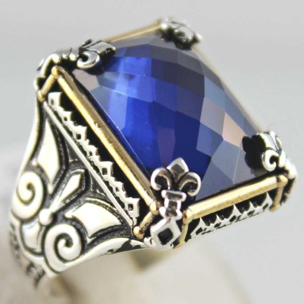 aid Faceted Sapphire Stone Luxury 925 Sterling Silver Mens Ring
