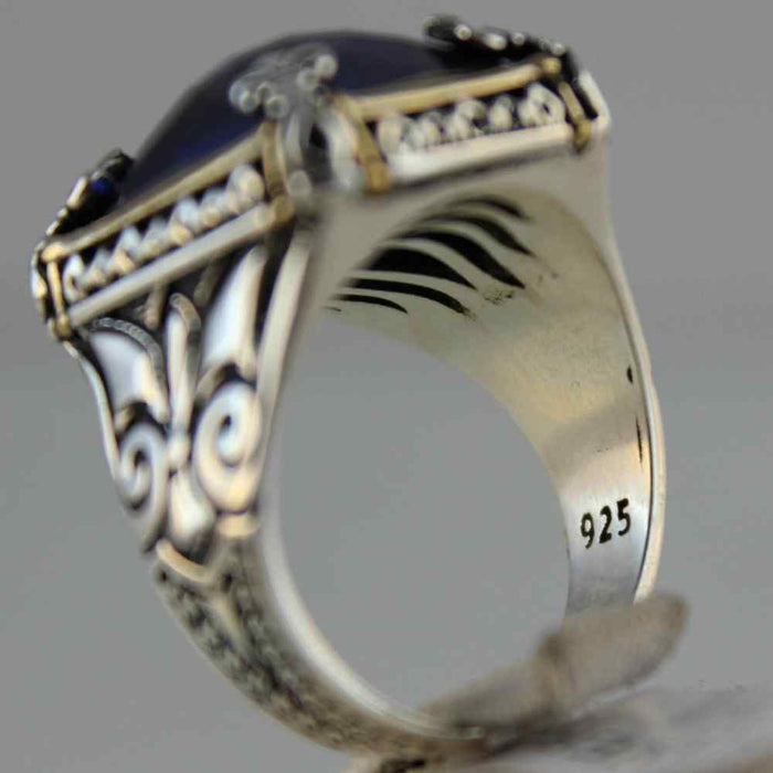 aid Faceted Sapphire Stone Luxury 925 Sterling Silver Mens Ring